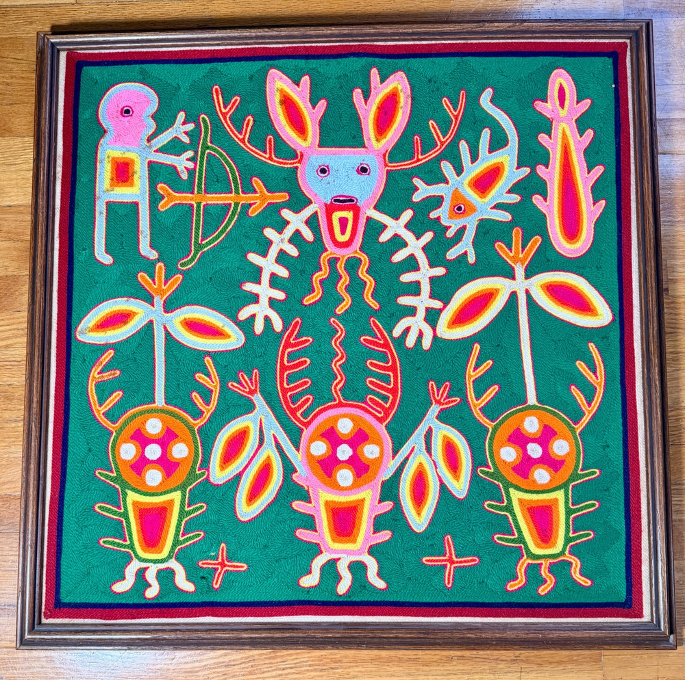 Crescencio Perez Robles Huichol Wixárika Yarn Painting Mexican Folk Art Framed